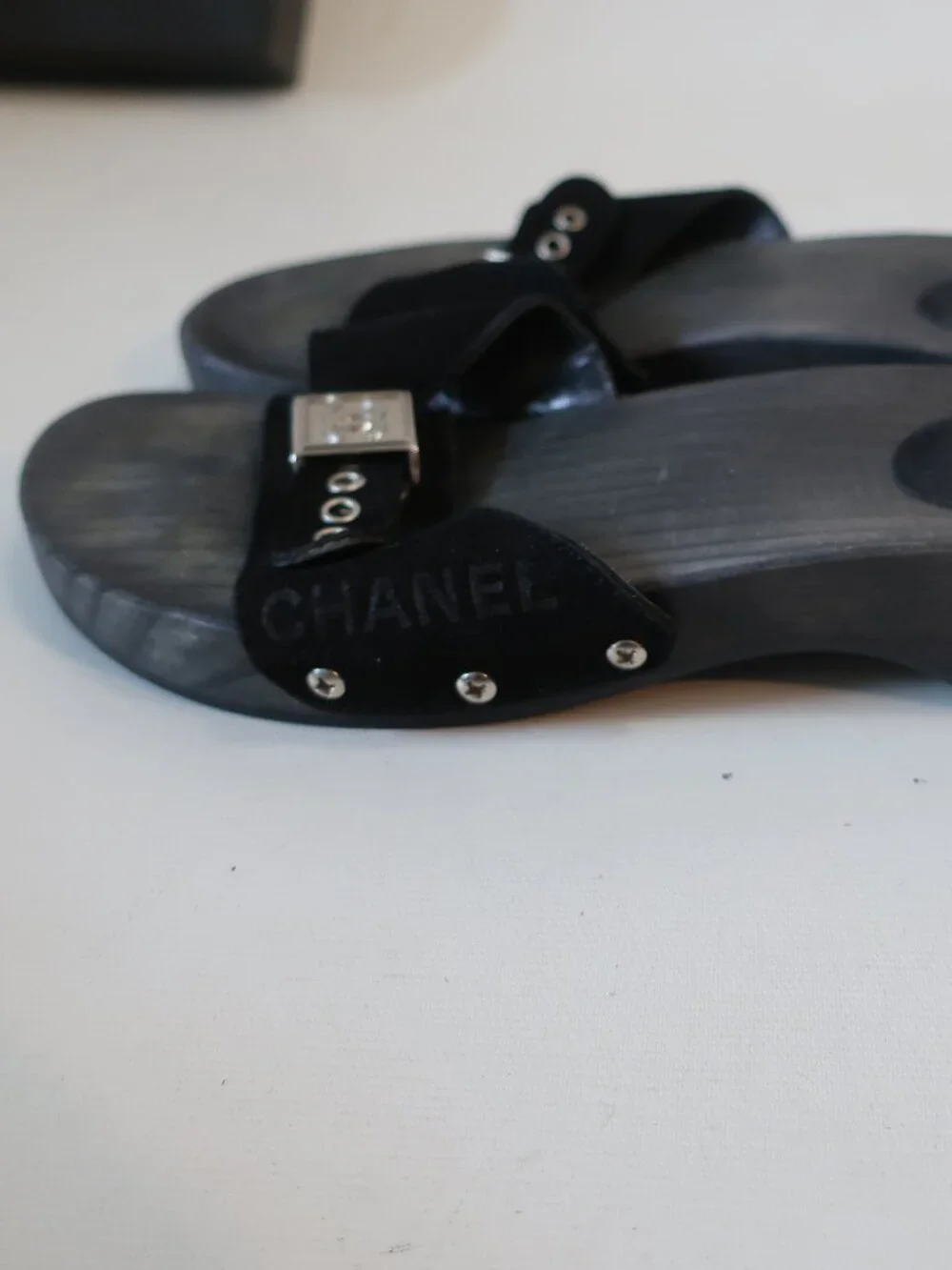 Authentic Women Chanel Black Suede Interlocked CC Wood Clog Mule Sandals 38 US/8